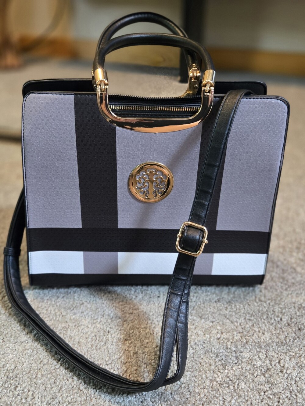 Dasein Geometric Colorblock Satchel Bag Gold Metal Handles